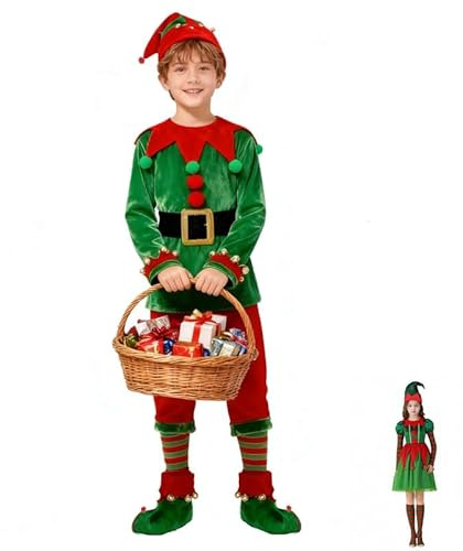PILUZEAT Elfen Kostüm für Junge Kinder Weihnachten Elf Wichtel Grün Weihnachtskostüm Maskerade Neujahr Cosplay Mottoparty Karneval 110-160 CM