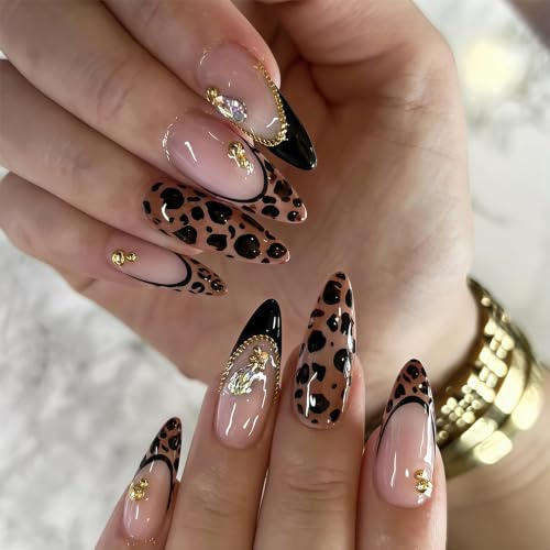 Zosutetoxo 24-piece Leopard Print Press On Nails: Almond-shaped French Tip Nails with Gold Chain and Steel Beads, Shiny Acrylic Full Coverage