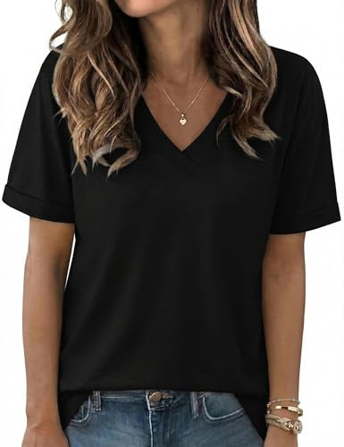 Aottori Maglietta Donna Scollo a V Manica Corta Maglia Estiva Elegante Ampia Tee Shirt Leggero Moda Top Basic Tinta Unita T Shirt Traspirante Morbido Nero L