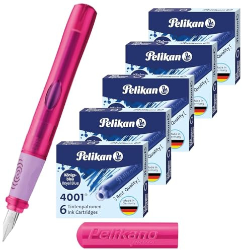 Pelikan Pelikano Junior Schulfüller für Rechtshänder in Türkis, mit Anfänger Feder A, 1 Stück (Rechtshänder, Pink + extra Patronen)