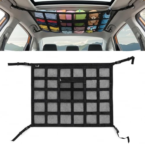 Red de equipaje de coche para almacenamiento, red universal para techo de coche, bolsa de malla con cremallera, 90 x 65 cm, para cuatro respaldos de techo, SUV, Jeeps, furgonetas y la mayoría de tipos
