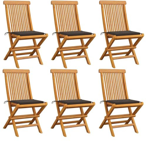 HETFTJN 6er Set Gartenstühle aus massivem Teakholz, Klappstuhl mit bequemen Polstern in Taupe, Holzstuhl für Terrasse und Garten, Esszimmerstuhl klappbar, 47 x 60 x 89 cm
