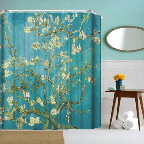 IcosaMro Van Gogh duschdraperi för badrum med krokar, mandelblommor dekorativt långt tyg duschdraperi baddekorationer – 71 B x 72 L, grön