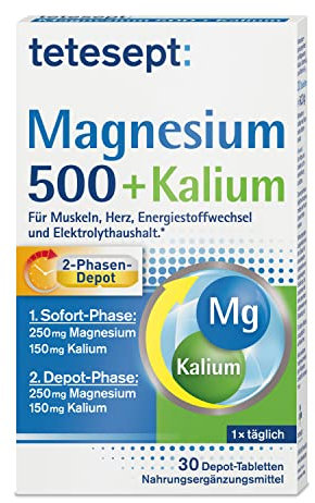 tetesept Magnesium 500 + Kalium – Nahrungsergänzungsmittel mit Magnesium für Muskeln, Herz & Nervensystem – 1 x 30 Tabletten