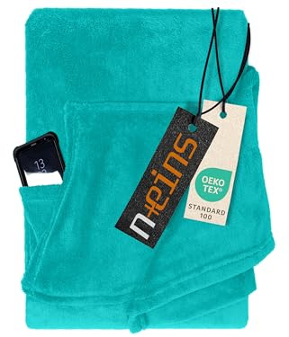 npluseins Decke mit Ärmeln Geschenke für Frauen und Männer 130x180 cm TV Deckenpullover Kuscheldecke das Original mit Ärmel & Bauchtasche 1448.2043, türkis