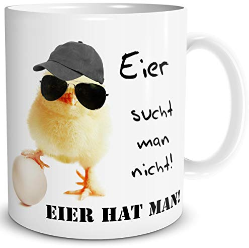 TRIOSK Tasse Küken mit Hühner Spruch Eier hat man lustig Baby Huhn Geschenk für Männer Freunde Büro Kollegen Hühnerliebhaber Ostern Vatertag, Keramik 300ml