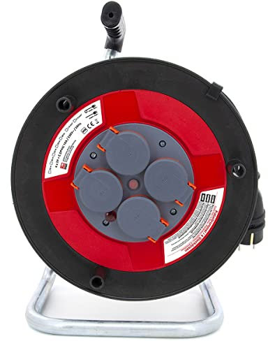 KOOP Elektro Kabeltrommel Verlängerungskabel mit 4 Steckdosen Schuko IP44, Wickel Kurbel, Thermoschutz und Netzschalter H05RR-F 3G2,5mm2 30M, für den Außenbereich