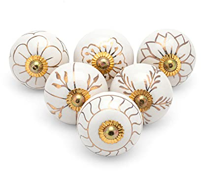 Rasiya Art Gold Ceramic Door Knobs - Indian Handmade Cabinet Pull Handle for Kitchen Cupboard Wardrobe Dressers Drawer Knobs with Brass Hardware - Set of 6 Pieces | Decorative Village Colorful Ceramic Cabinet Handle Wardrobe Knob Boho Room Decor - Assorted Gold