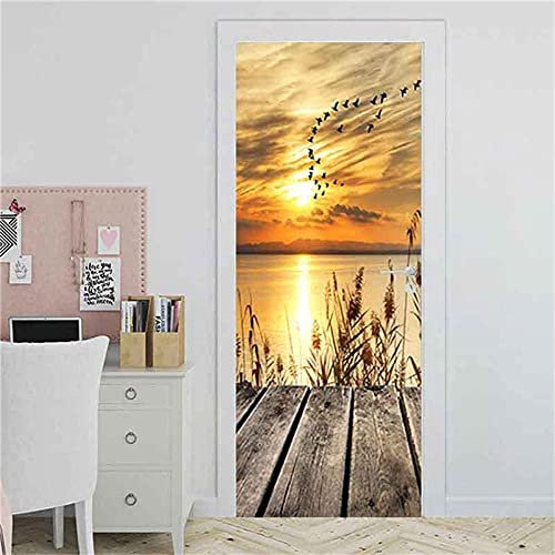 Pvc Türaufkleber Dämmerung Holzbrücke Kunst Tür Poster Wasserdicht Natürliche Landschaft Wohnkultur Selbstklebende Türsticks Vinyl Tür Aufkleber77X200Cm