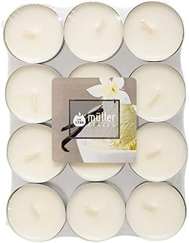 Müller 24 Duft Teelichter – Vanille – 4 Stunden Brenndauer – Ø39 mm – Farbe Creme – Premium Vanilla Dream Duftkerzen – Gegossenes Wachs – RAL Qualität