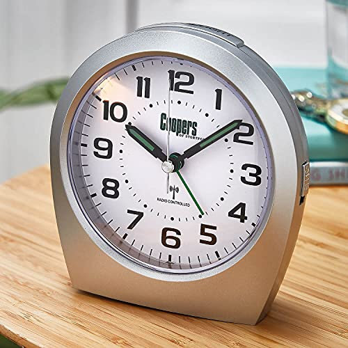 Coopers of Stortford Big Digit Radio Controlled Analogue Alarm Clock Silver, Self Adjusts, Large Clear Numbers H11cm