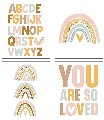 EXQULEG 4er Set Poster Kinderzimmer, Wanbilder für Babyzimmer, Kinderposter Junge Mädchen Dekoration Bilder ABC Alphabet Regenbogen Inspirierende Zitate Poster - Ohne Rahmen