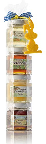 Oster Honig Geschenk Set aus dem Allgäu mit Osterhasen Anhänger - 4 x 50g Honig aus Deutschland in der Geschenkrolle - Aufmerksamkeit für Honig Liebhaber zum Osterfest