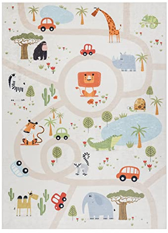 rugsx Bambino Kinderteppich mit Muster „Zoo” - Waschbar, Anti-Rutsch, beige 80x150 cm