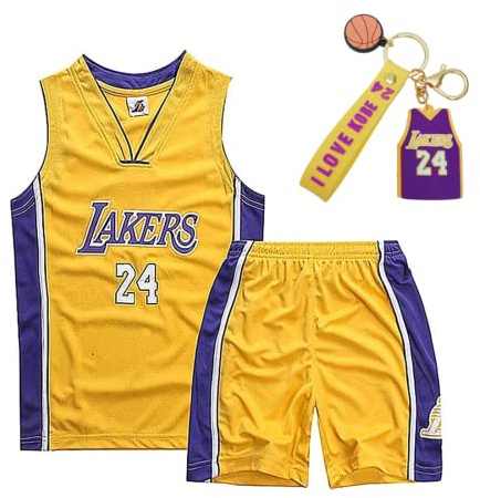 Molinka Ärmlös baskettröja för barn, nätväst, uniform, topp och shorts, pojkar, barn, sommarkläder, set med nyckelring med nyckelring, GUL, XS (100-120CM)