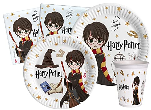 Ciao - Partygeschirr Party-Set Harry Potter für 8 Personen (44 pcs: 8 Pappteller Ø23cm, 8 Pappteller Ø18cm, 8 Becher 250ml, 20 Servietten 33x33cm) aus eco-friendly kompostierbarem Papier