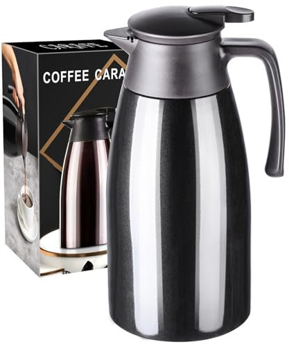PARACITY Thermoskanne 2 Liter Kaffeekanne mit Keramikeinsatz, vakuumisolierte Teekanne Edelstahl, Teekanne Thermo zum Warmhalten von Kaffee & Tee für 12 Stunden / 24 Stunden kalt Thermokanne(Schwarz)