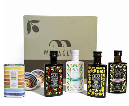 Frantoio Muraglia - Pacco Regalo Olio Evo Selection con Olio Extra Vergine di oliva - 7 Articoli - Essenza Fruttato Intenso, Medio, Aromatico - Creato e Decorato a mano dai nostri artigiani pugliesi