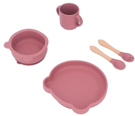 Ustensiles pour bébé, Adhérence Ferme Facile à Nettoyer Bois de Hêtre en Silicone Ensemble Complet d'assiettes pour bébé pour la Salle à Manger (Type 2)
