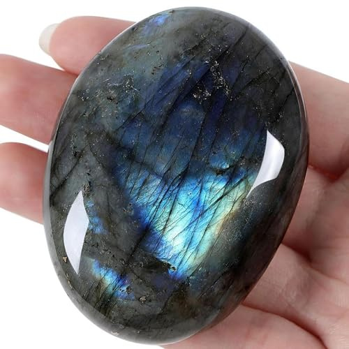 QINJIEJIE Groß Labradorit 2.4 Ovale Mondstein Kristalle Natürliche Edelstein Sorgensteine Handschmeichler Stein Polierte Reiki Steine Spirituelle Geschenke 1PC