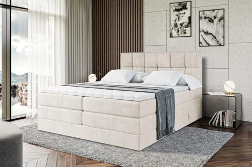 ALTDECOR Boxbett mit H3 H4 Matratze RICAR King - 180x200 - Beige | Lattenrost, Topper, Boxspringbett mit Bettkasten, Bett mit Stauraum, Doppelbett, Polsterbett