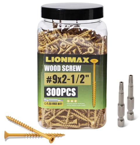 LIONMAX Deck Screws 2-1/2 Inch, Wood Screws #9 x 2-1/2, 300 PCS, Rust Resistant, Exterior Epoxy Coated, Outdoor Decking Screws, Torx/Star Drive Head Deck Screw, T25 Star Bit Included, Tan