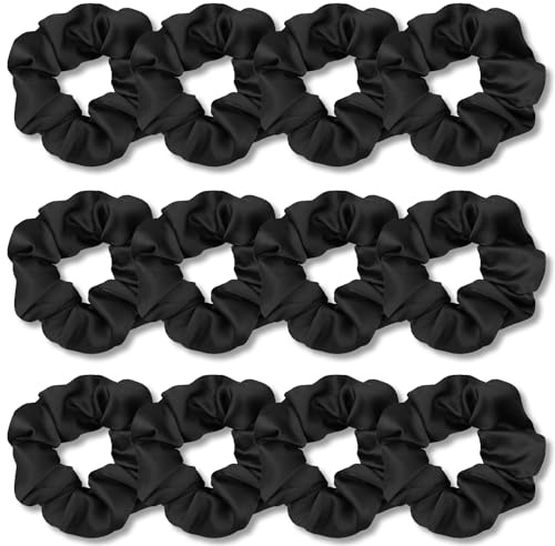 VENUSTE Haargummis Scrunchies aus Satin weich wie Seide für Damen, Niedliche Weiche elastische Haarbänder Haarschmuck, Schwarz, 12 Stück