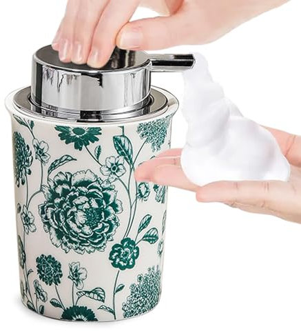 Floral Decorative Foam Soap Dispenser, Vintage Ceramic Hand Soap Pump, Nature Inspired Bathroom Countertop Decor (Style D)
