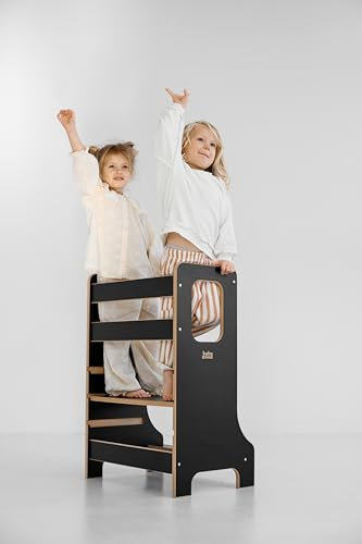 Lernturm Double Slim, Holz Lernturm für Geschwister, Entdeckungsturm für Zwei Kinder, Lernstuhl aus Holz, Learning Tower Montessori, Kitchen Helper (Schwarz)