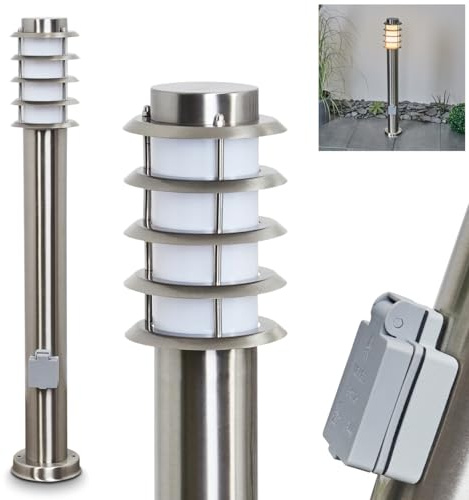 HOFSTEIN Außenstehleuchte Tunes mit Steckdose, Außenwegeleuchte aus Metall/Kunststoff in Nickel-matt/Weiß, moderne Wegeleuchte für Garten, Außenbereich, Hof, Höhe 80 cm, E27, IP44
