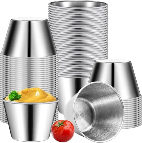 50 Pcs Stainless Steel Sauce Cups, 65 ml Metal Ramekins Condiment Pots | Small Dipping Bowls Bulk for Sauces, Condiments, Portions, Barbecue, Restaurant, Home and Party