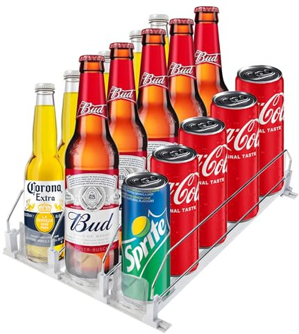 Fridge Drink Organizer Dispenser - Automatic Self Pushing Refrigerator Can Holder for Water Pop Soda Beer Wine Drinks - Expandable Shelf Storage Rack Pusher Glide for 15-18 Beverage Bottles