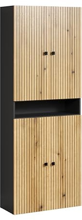 trendteam smart living - PureBliss - Hochschrank breit - Anthrazit/Evoke Eiche - Rillenoptik - 1 offenes Fach + 4 Einlegeböden - (BxHxT) 70 x 186 x 31cm - Badschrank mit edlen Metallgriffe