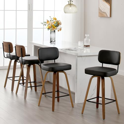 Bekrvio Lot de 4 tabourets de Bar pivotants à 360° avec Dossier, 65 cm de Hauteur d'assise - en Cuir synthétique et Bois Massif - 4 Pieds - pour Cuisine et comptoir - Chaise de Bar pivotante avec