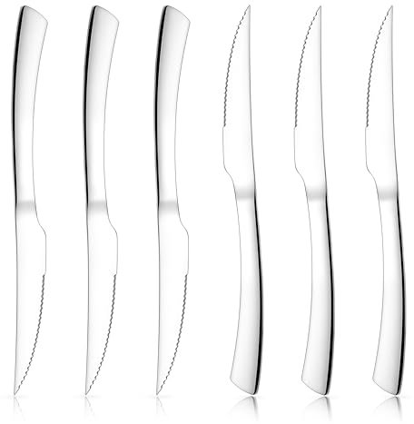 Herogo Steak Knives Set of 6, Stainless Steel Steak Knife Set with Sharp Serrated Edge, Dinner Table Kitchen Knife with Ergonomic Handle, Mirror Polished, Rust Resistant & Dishwasher Safe