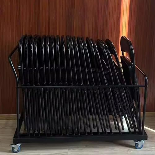 Chariot de Chaise Grand Chariot de Rangement pour Chaises Pliantes Noir, Organiseur de Transport Robuste pour Chaises Empilables en Résine Plastique et en Bois, Chariot à Pousser pour 20 Chaises