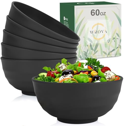 Wrova Reusable Ramen Bowl 60oz (1700ml) Large Capacity Bowls Set of 6 Unbreakable Plastic Bowl - Microwave and Dishwasher Safe Bowls for Camping and Picnic, Large Serving Bowls for Ramen and Salad