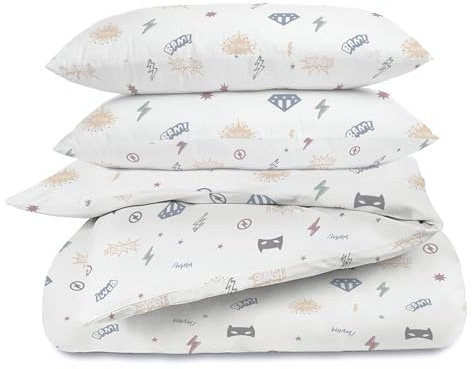 MakeMake Organics GOTS Certified Organic Cotton Full/Queen Duvet Cover Set (90 x 88) – Reversible, Soft, Breathable, Hypoallergenic – Includes 2 Pillowcases Superheros (20 x 30), Mighty Heros