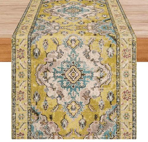 Avalune Camino de Mesa Amarillo Mandala Boho Étnico Moderno Rústico Lavable Decoración de Mesa para Interior Exterior Fiesta Decoración de Jardín Comedor 40x140 cm