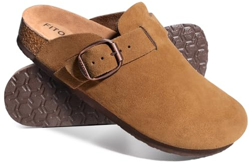 FITORY Bequeme Herren Clogs Leder Hausschuhe aus Wildleder, Geschlossene Pantoletten mit Fußgewölbeunterstützung & Korkfußbett, Größe 40-47