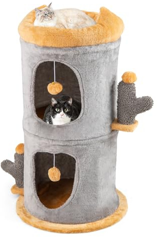 GYMAX Kratztonne Ø 48 cm, Höhe 83 cm, Katzentonne mit 2 Höhle, gepolstertem oberen Sitzbrett & 2 Spielball, Kratztonne im Kaktus für Katzen bis 10 kg, Grau + Orange