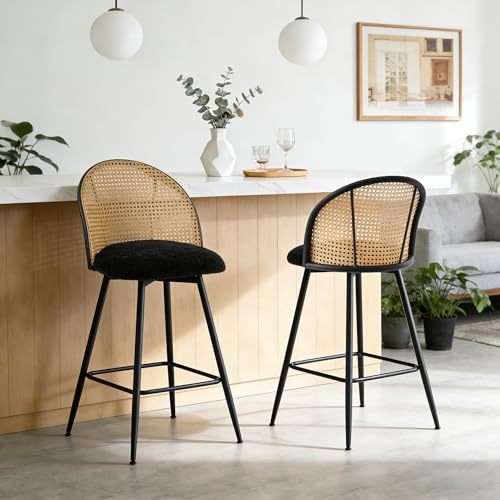 Bekrvio Barhocker 2er Set Rattan mit Lehne, 65 cm Sitzhöhe, Drehbarer Barhocker 360°, Bouclé Polsterung, Metallgestell Stabil, 150 kg, Tresenhocker für Küchentheke & Bar (Schwarz)