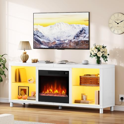 YITAHOME Electric Fireplace Insert TV Stand, 65 TV Unit with Open Storage | TV Unit with 18 Fireplace Built in, Realistic LED Flamme Electric Fire and Surrounds Free Standing, 9 Flame Colours