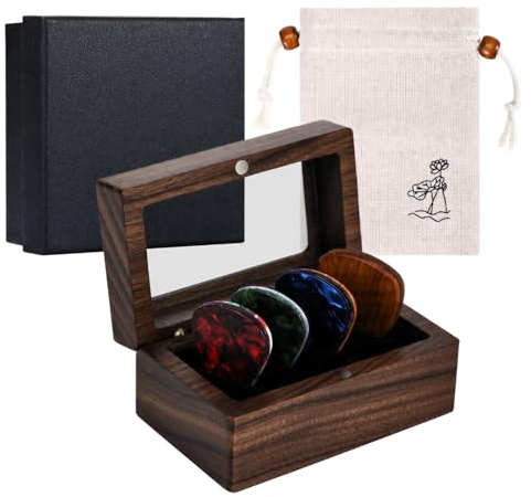 OAKKMEL Holz Gitarrenplektrenhalter Aufbewahrungsbox mit 12 Gitarrenplektren (6 Stärken), Tragbarer Plektren-Organizer für Gitarre, Ukulele & Bass, Ideales Musikgeschenk für Musiker