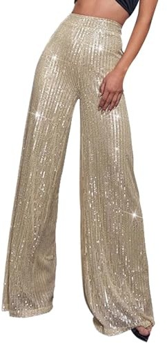 Pailletten Hose Damen Gold Glitzer Hose Lang Metallic High Waist Baggy Freizeithose Weites Bein Tanzhose Locker Weite Paillettenhose Mode Clubwear Silvester Hosen (Beige, S)