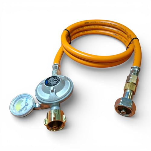 DN Autogas Parts Regulador de Presión de Gas Propano con Manómetro y Manguera Set de 0,8m – Regulador GLP 50mbar x Conexión LH 21,8mm, Monitor Indicador de Nivel, BBQ, Camping y Uso Exterior