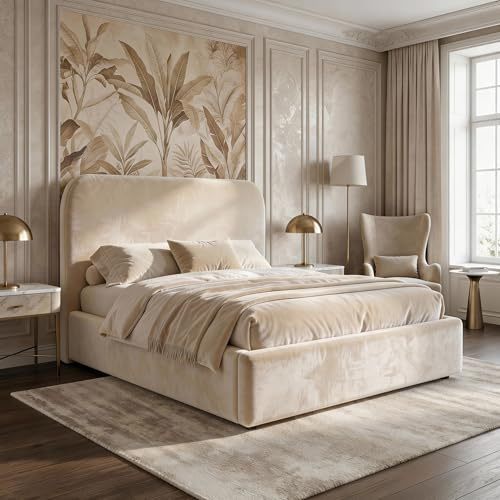 Blisswood Double Ottoman Bed Frame – Upholstered 4ft6 Large Storage Space bed with Headboard, Gas Lift-Up, Wooden Slats Base, Velvet Finish, Ideal for Bedroom or Guest Room (4ft6 Beige, No Mattress)