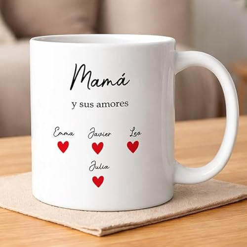 Transparent Gift Taza Personalizada Mamá. Regalo Personalizado para el Día de la Madre. Tazas Personalizadas con Corazones y Texto para Café o Desayunos. Regalos originales para Mujer y Madres.