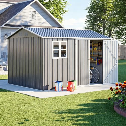 Casetta da giardino in metallo, finestra, 4 ventilazioni, tetto inclinato | Cabanon da giardino 10 x 8 FT per attrezzi, biciclette e attrezzature, deposito esterno sicuro, ventilato e resistente