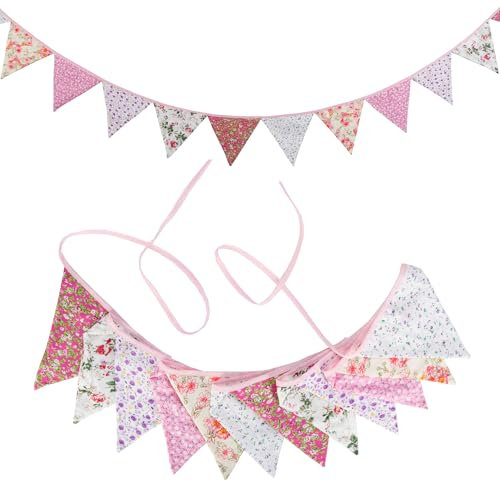 G2PLUS Floral Bunting banner, 10.8 Feet Vintage Cloth Shabby Chic Flag Garlands, 12PCS Double Sided Fabric Triangle Pennants for Vintage Themed Wedding Afternoon Tea Garden Party